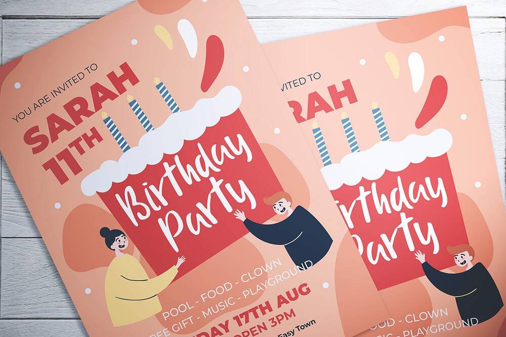 Birthday party flyer with a cake