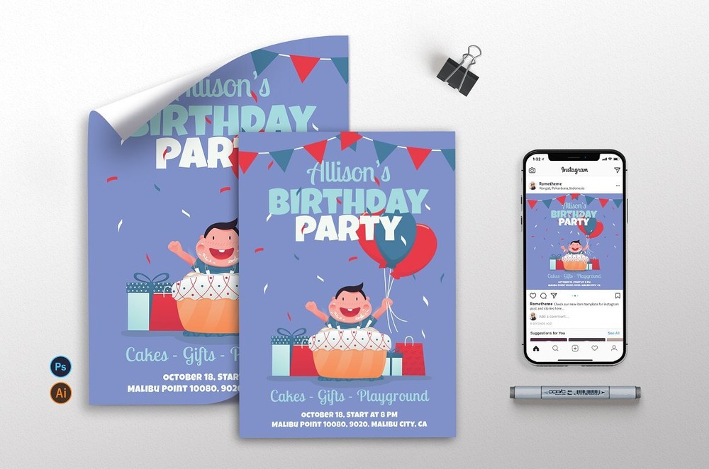 Birthday party invitation flyer for a boy
