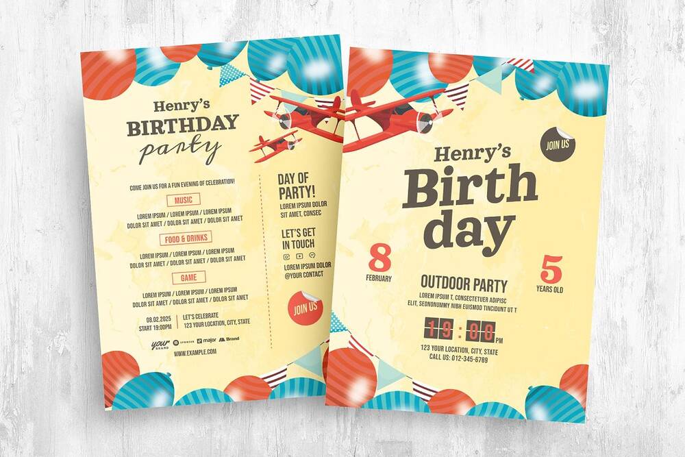 Boys birthday party invitation flyer template