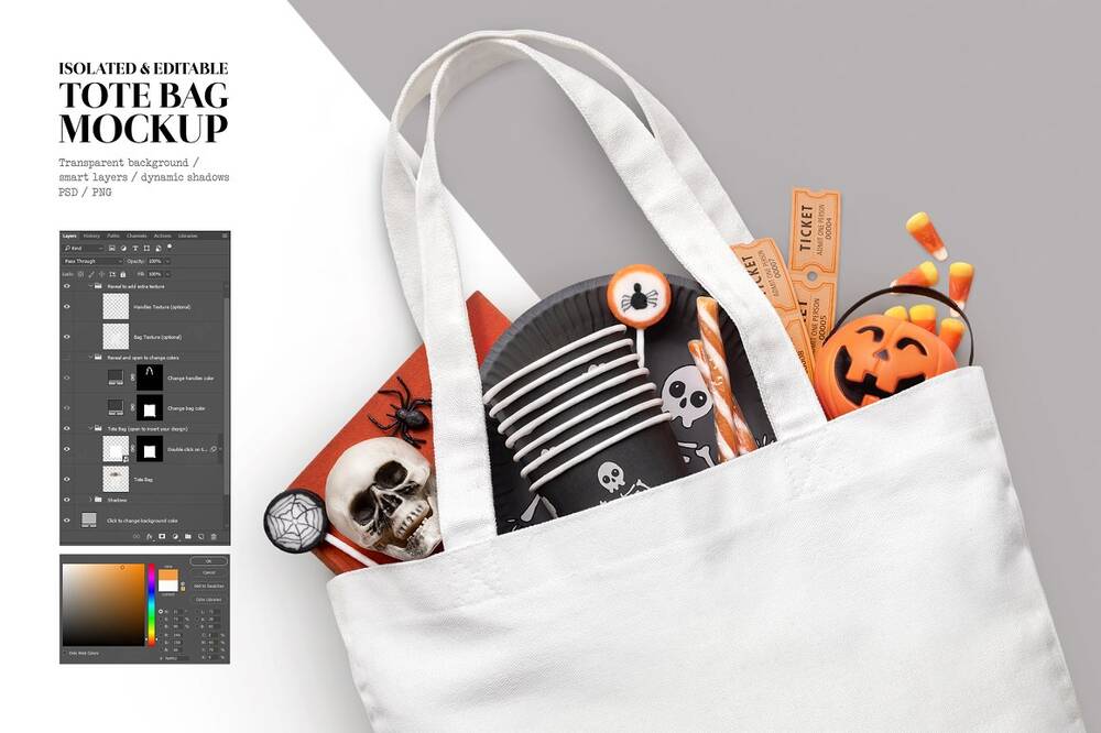 A tote bag with halloween atributs mockup