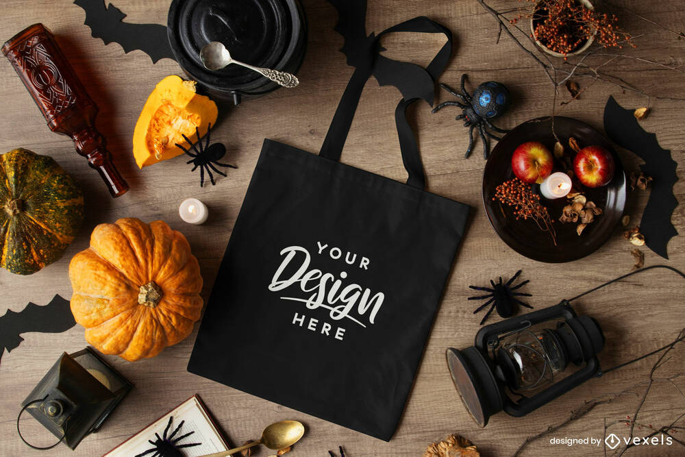 Black tote bag mockup in halloween style