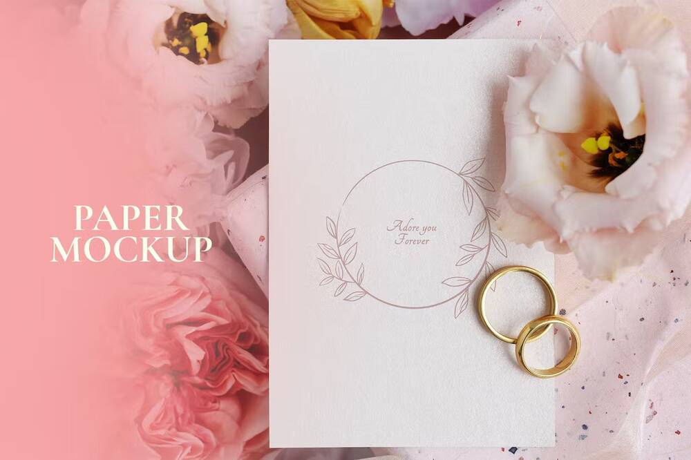 Wedding card with flowers mockup template
