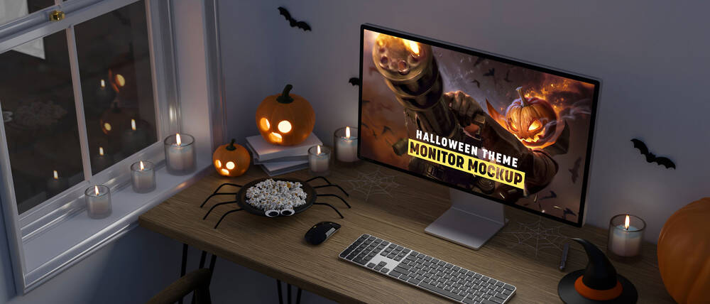 Free halloween decorated desk space mockup