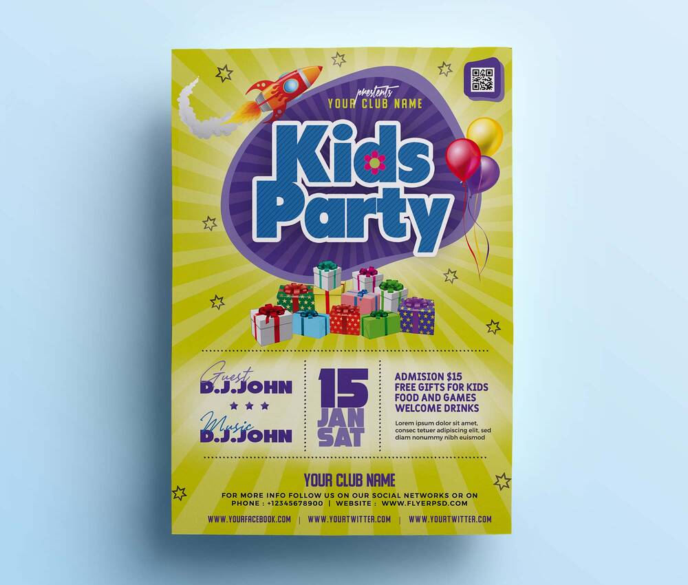 Free kids party flyer with a presents