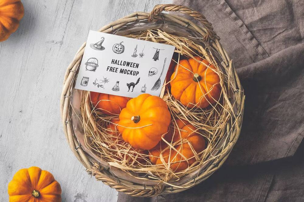 Free basket with pumpkins mockup