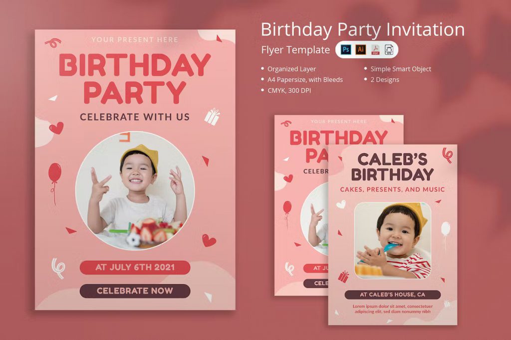 Kids birthday party invitation flyer template