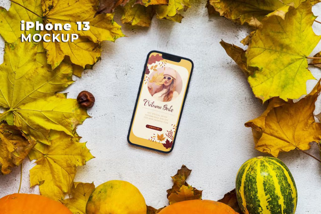 iPhone 13 autumn mockup with leaves