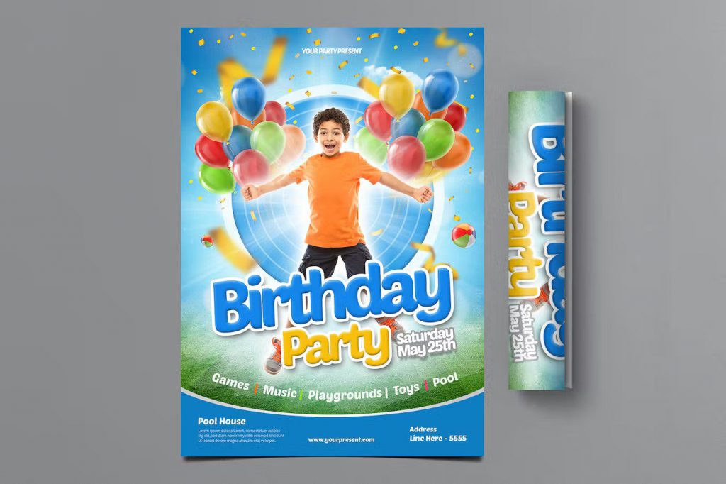 Birthday party flyer with boy and balloons