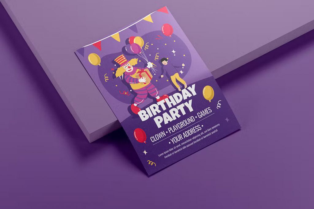 Kids birthday party flyer with a clown