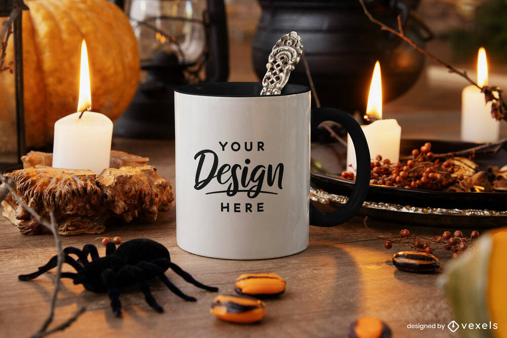 White mug on halloween decorated background