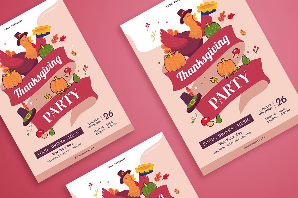 Happy Thanksgiving flyer on pink background