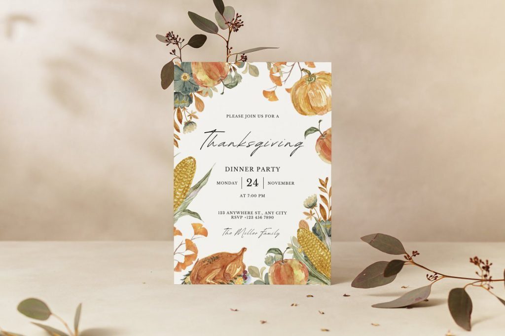 Thanksgiving dinner party flyer with a plant decorations