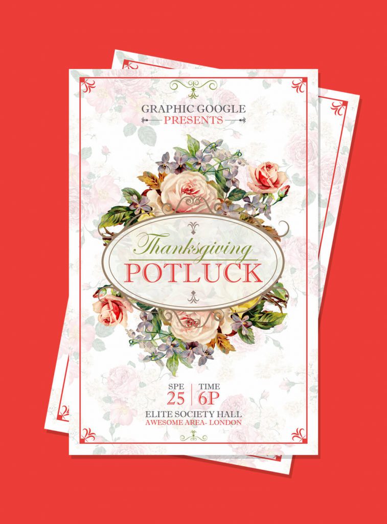 Free potluck Thanksgiving flyer on red background