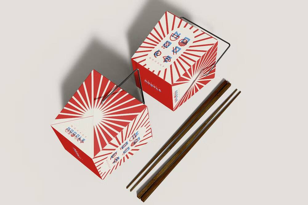 Red noodle box and chopsticks mockup