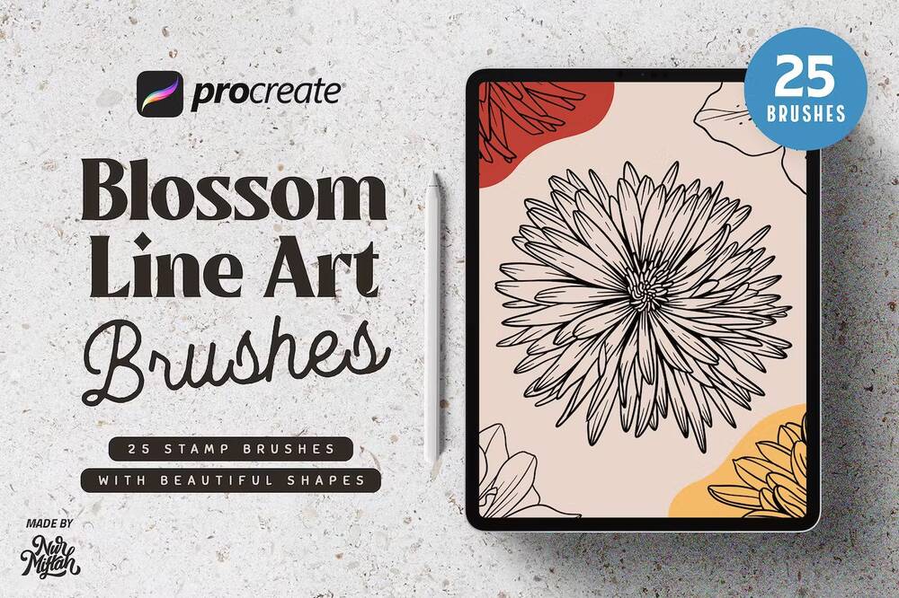 25 Blossom line art stamp brushes for Procreate