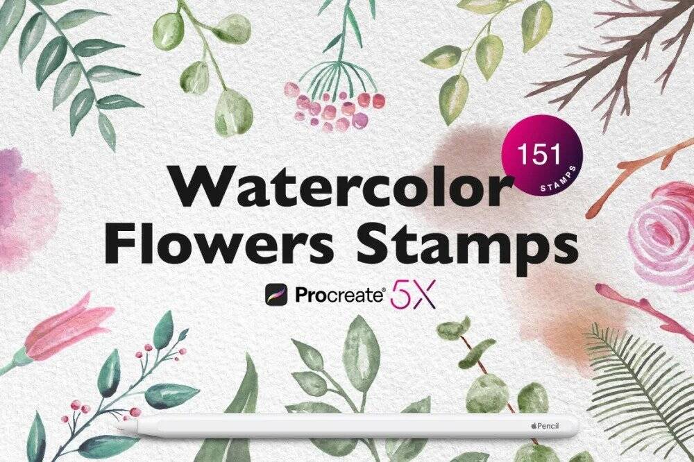 151 Watercolor flowers stamps for Procreate