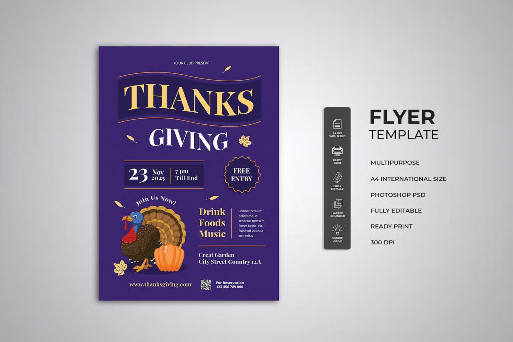 Blue Thanksgiving flyer with turkey cartoon