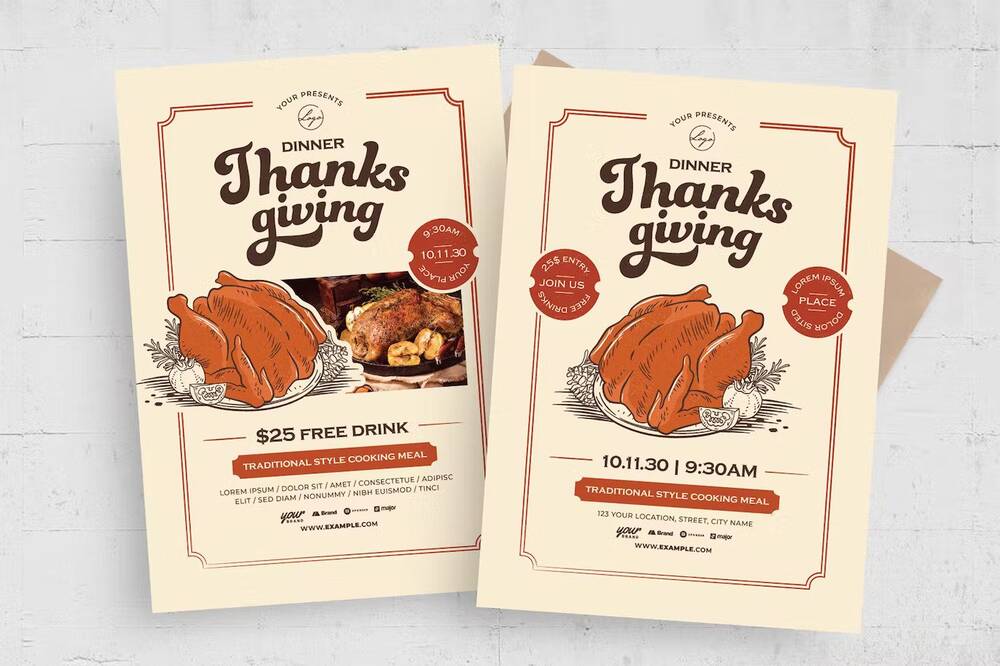 Two Thanksgiving dinner invitation flyers