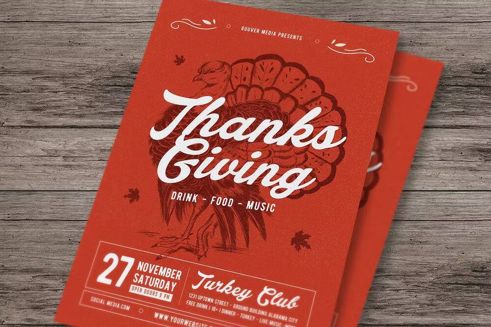 Red Thanksgiving flyer templates on wooded background