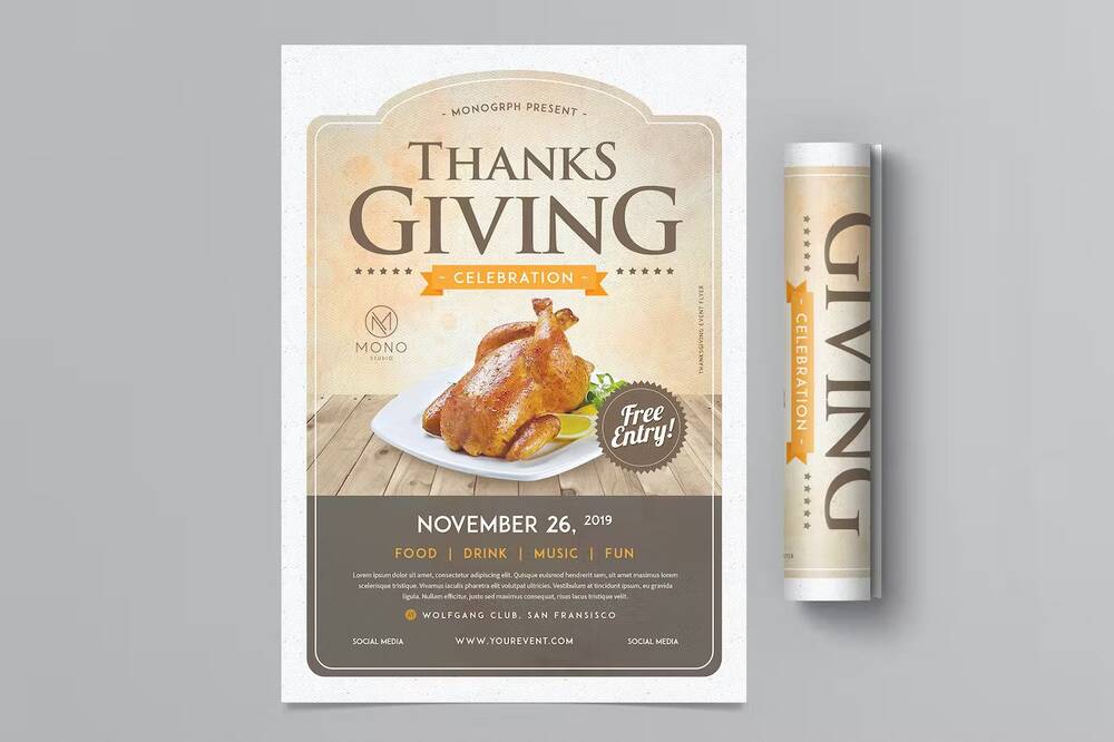 Thanksgiving flyer template on grey background