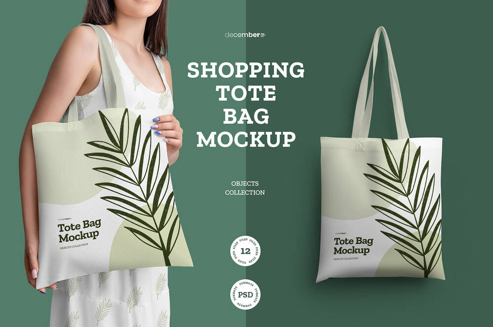 Shopping tote bag on green background mockup