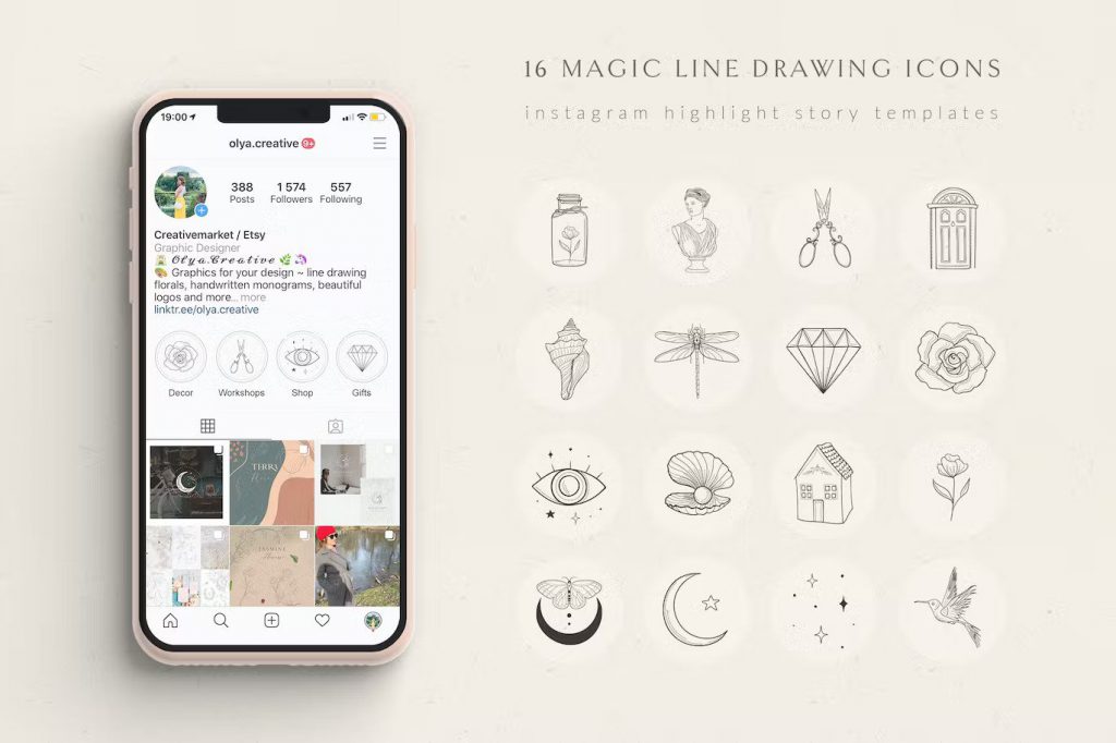 Sixteen magic line drawing Instagram story icons