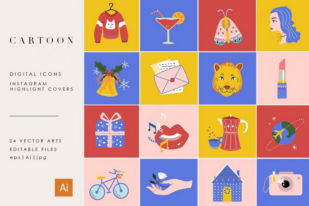 Colorful cartoon icons for Instagram highlights