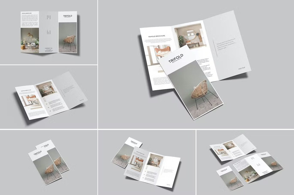 Twelve different trifold brochure mockup templates