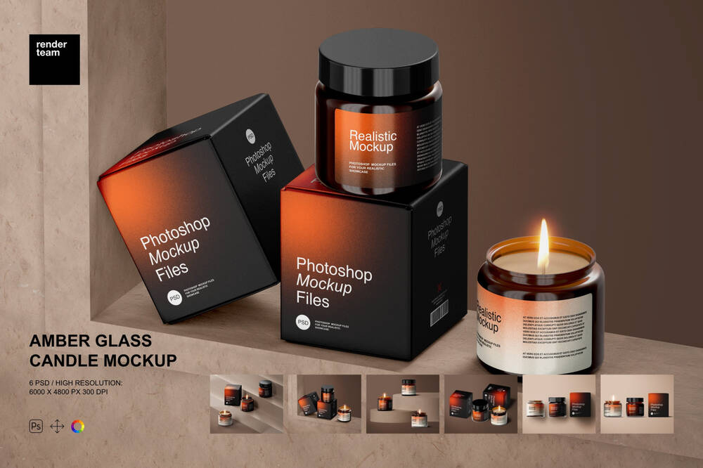 Dark amber glaas candle mockup templates