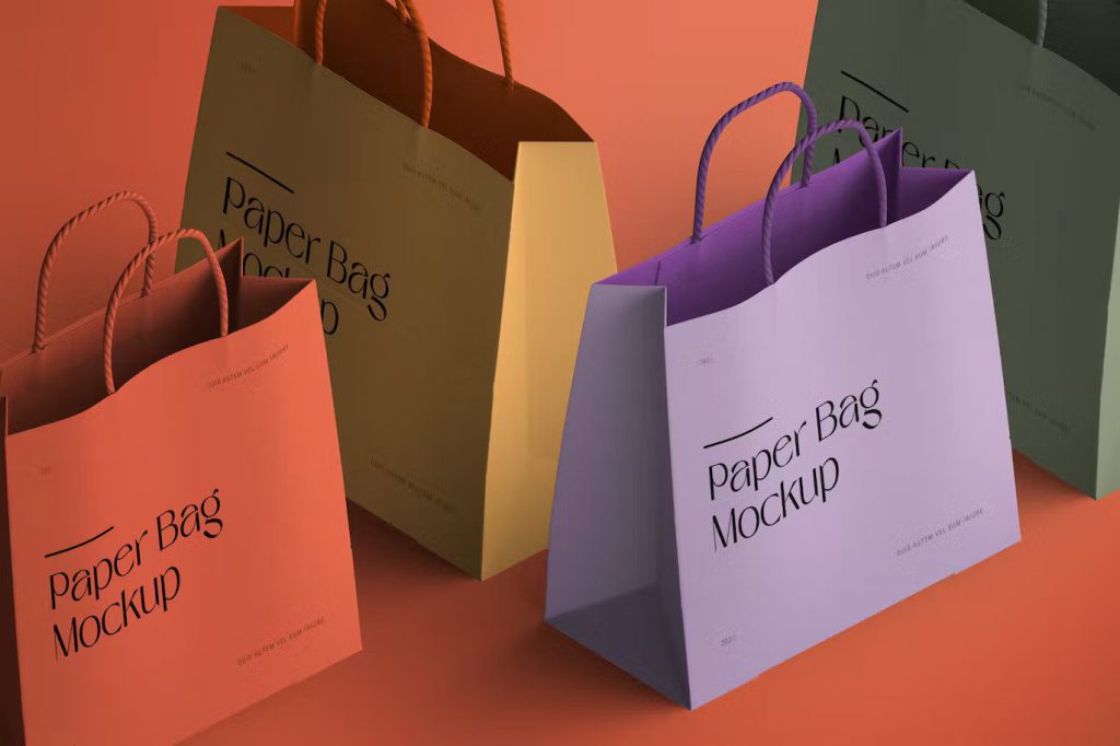 Colorful isometric paper bag mockups