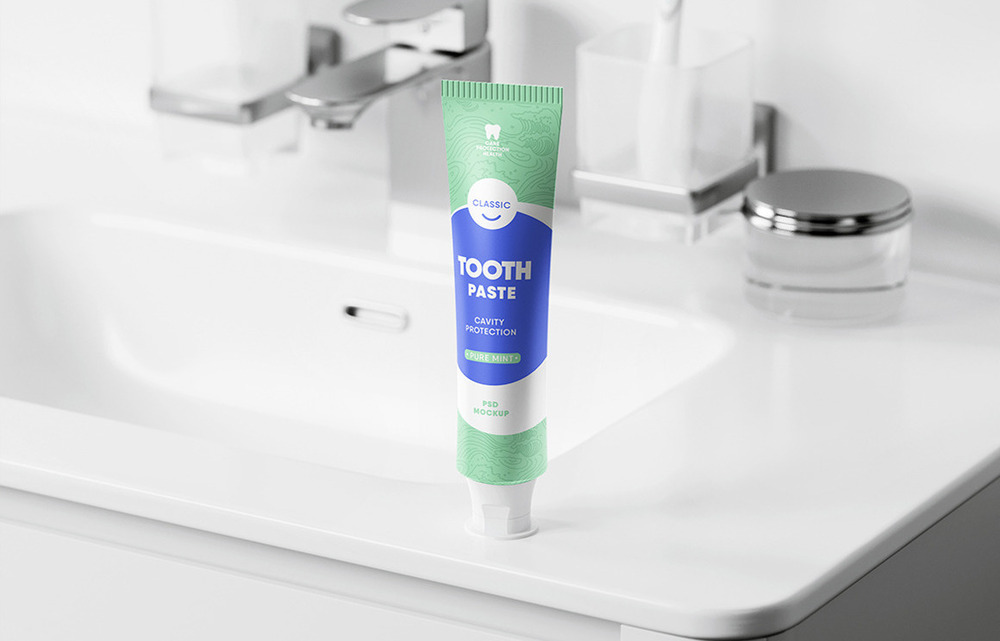 Green and blue standing toothpaste tube mockup