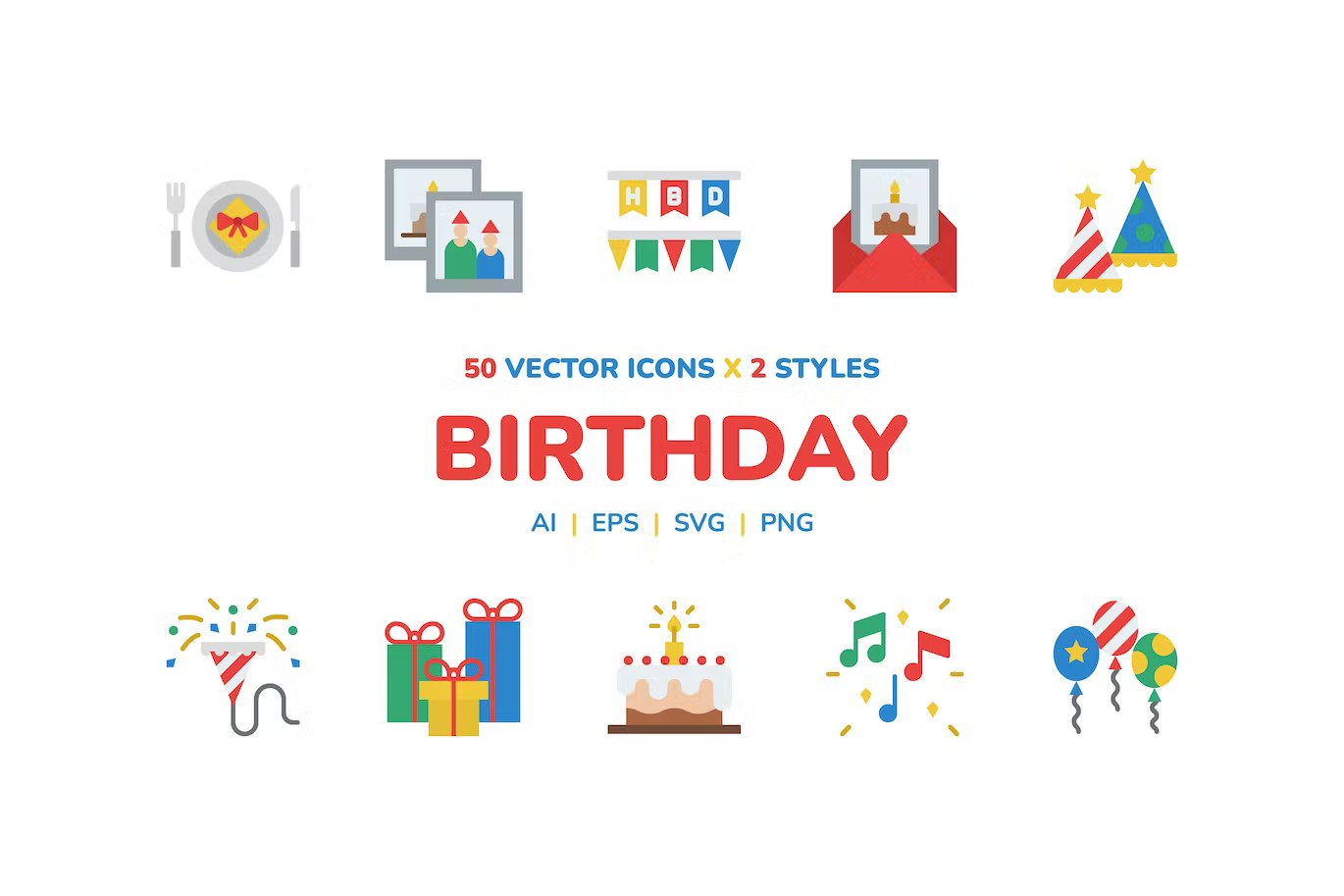 A colorful birthday party icon set