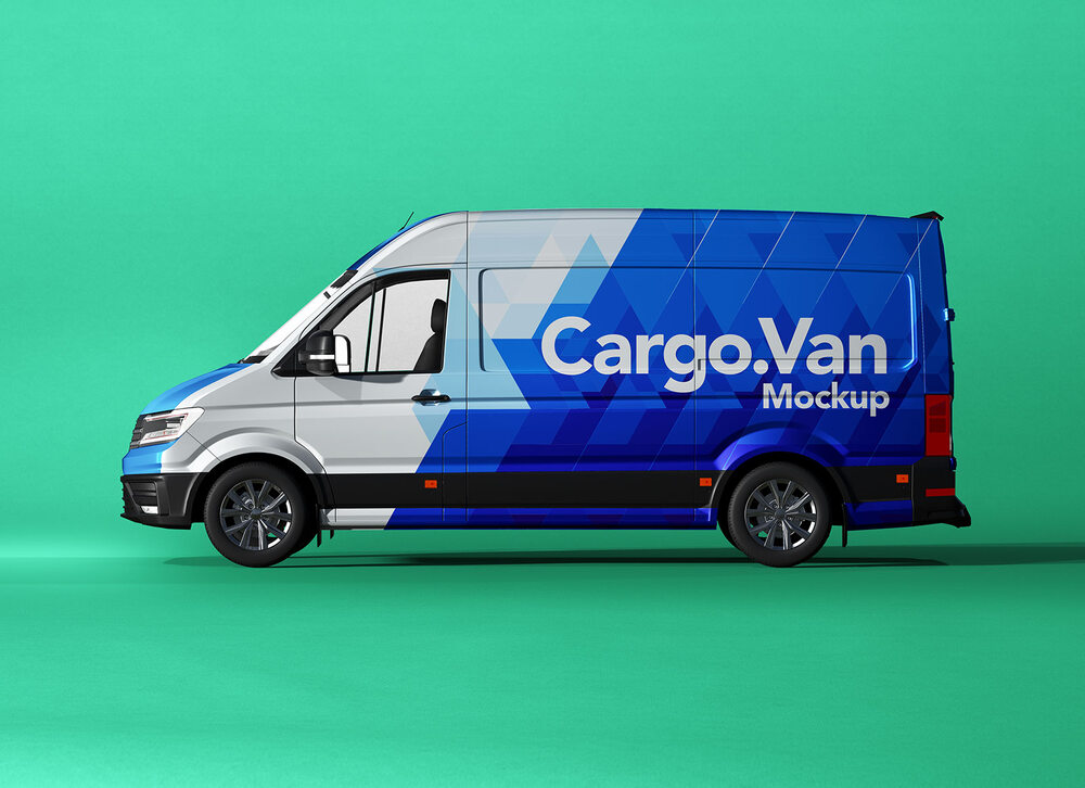 Free van on blue background branding mockup