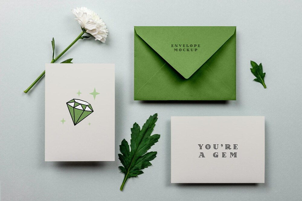 Floral greeting cards and envelope mockup template