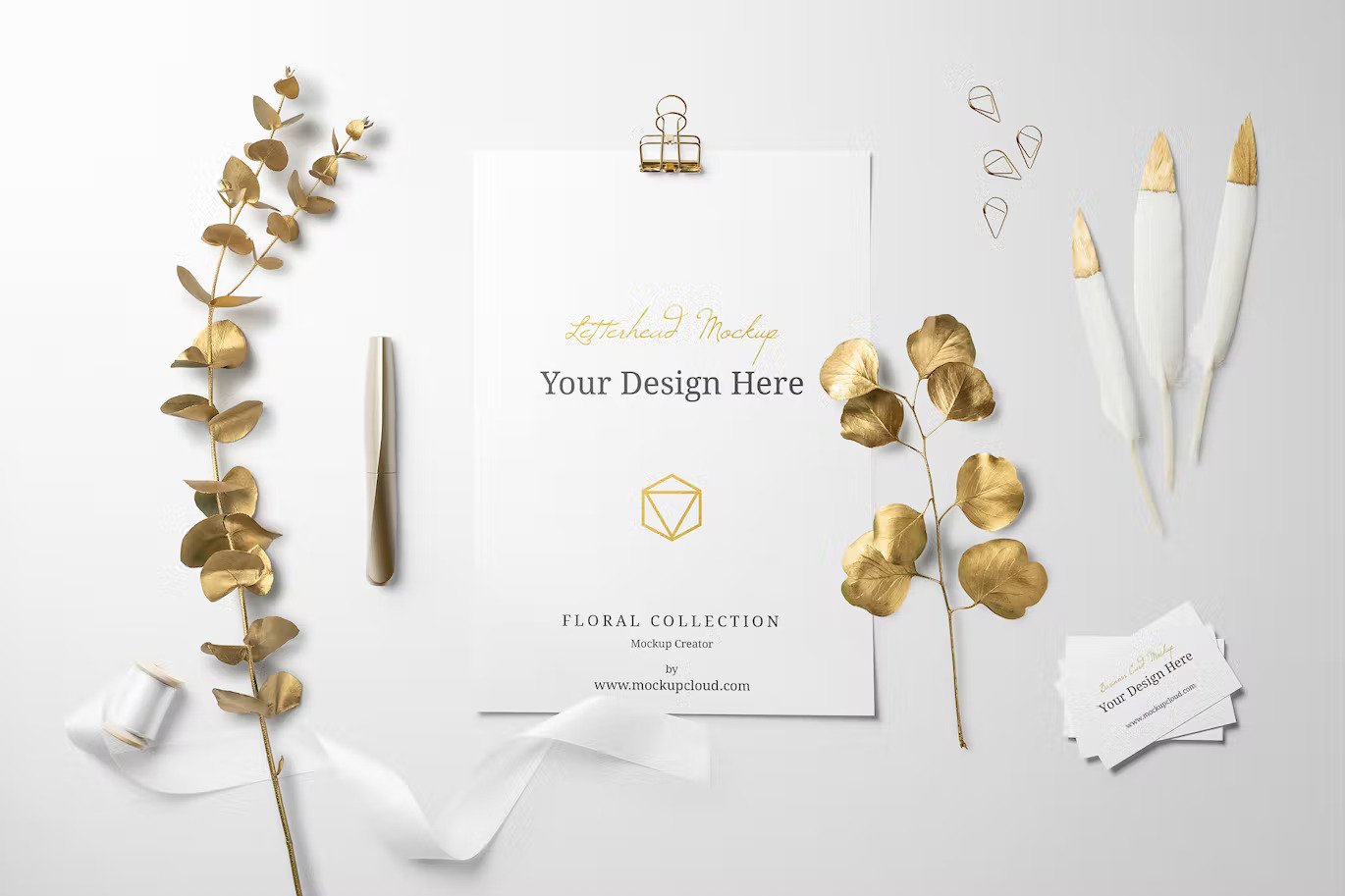 A branding mockup with golden plants
