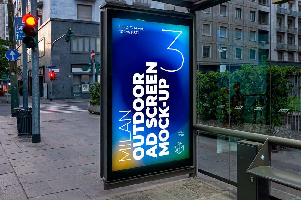 A bus stop ad screen mockup templates