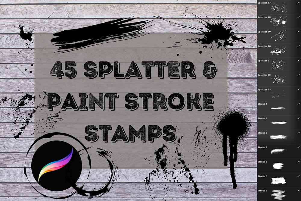 Splatters and paint stroke stamps for procreate