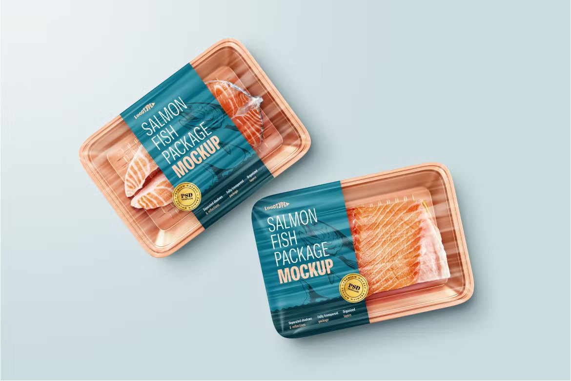 A salmon fish package mockup set