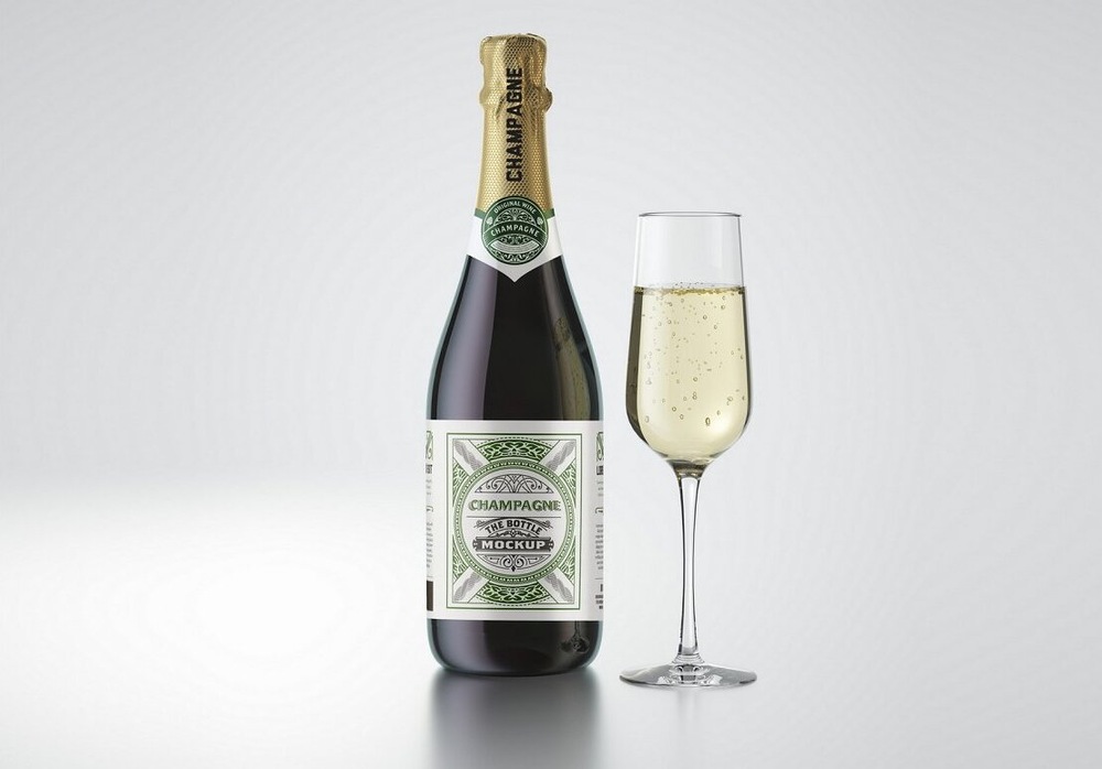 A champagne bottle mockup with a glass