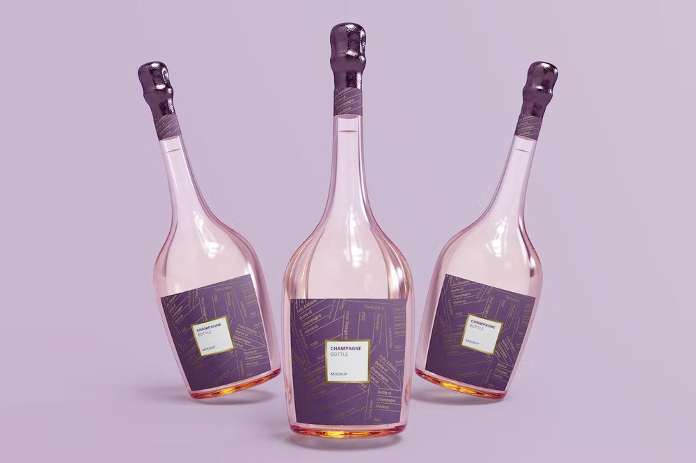 A three champagne bottle floating mockup