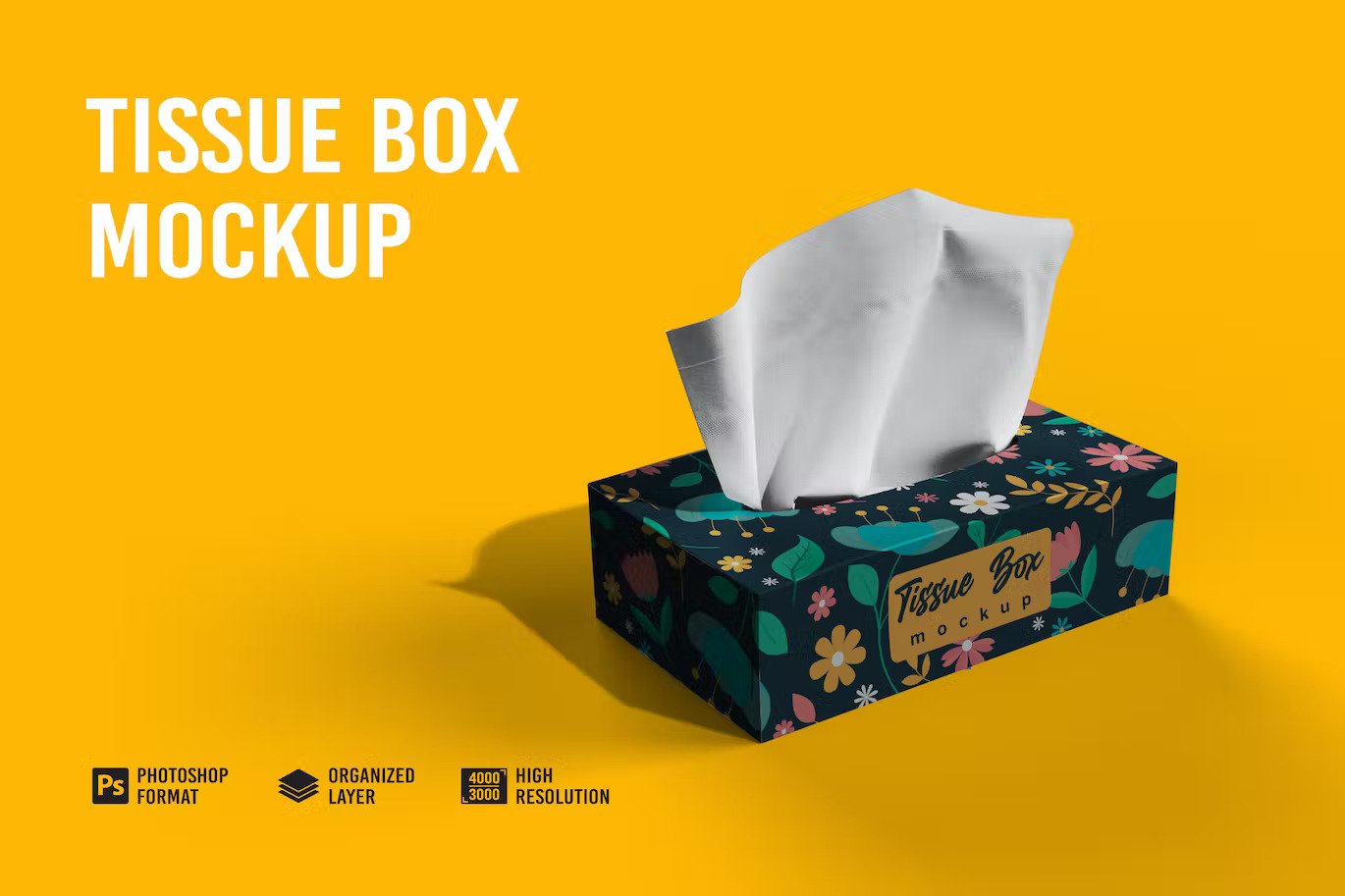 A tissue box mockup on yellow background