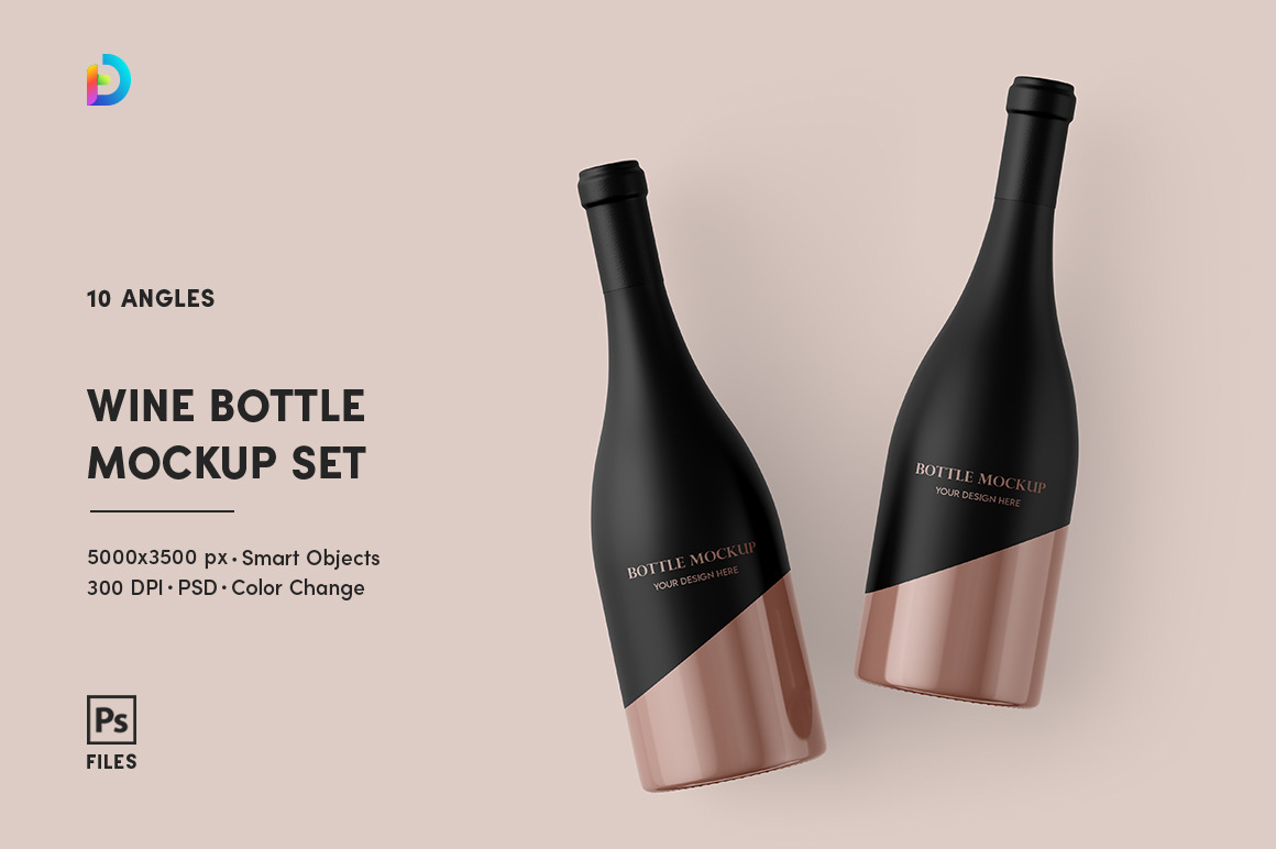 A black champagne bottle mockup set