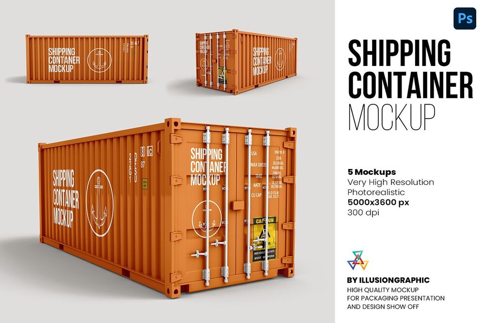 Five different views of shipping container mockup