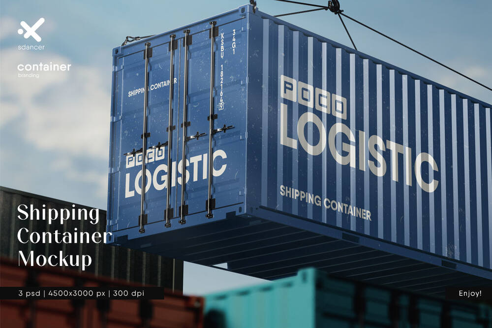 A hanging shipping container mockup template