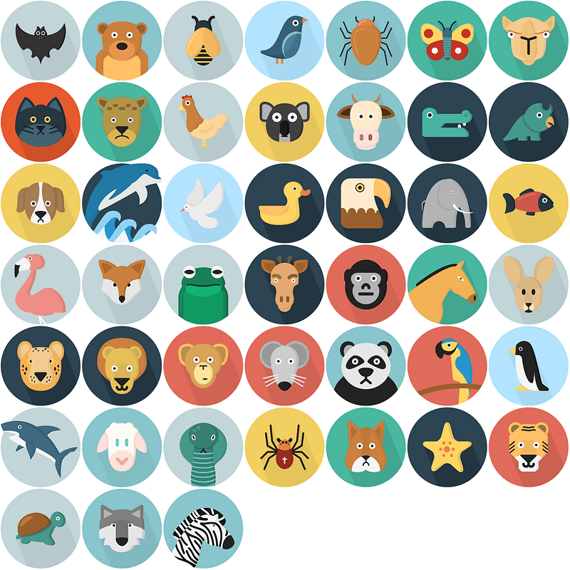 A colorful long shadow animal icons