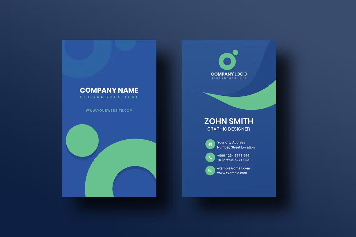 A blue and green corporate portrait business card
