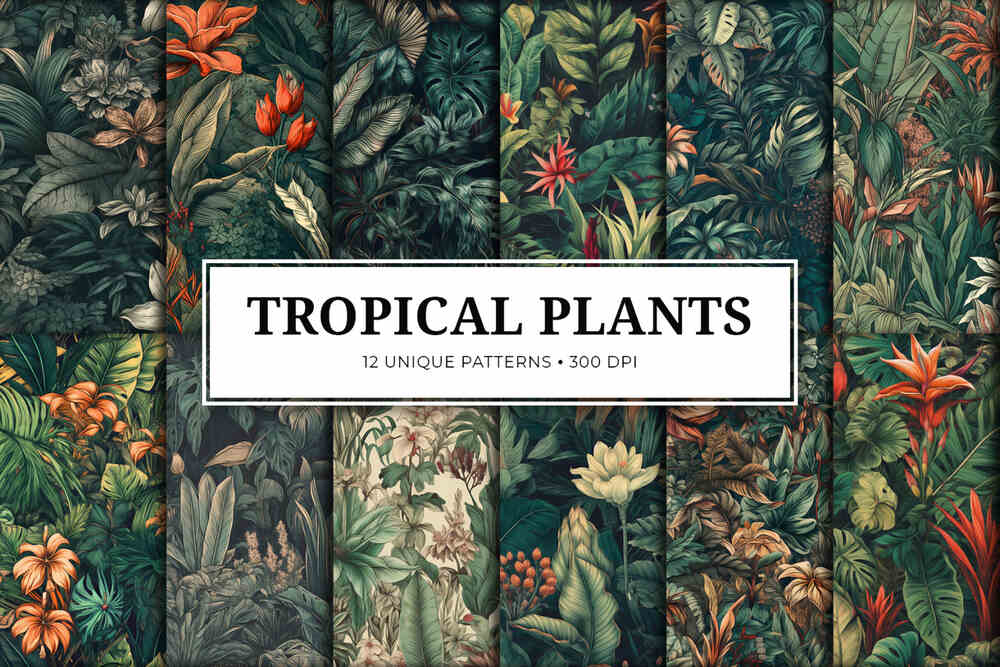 Tropical plants seamless patterns set