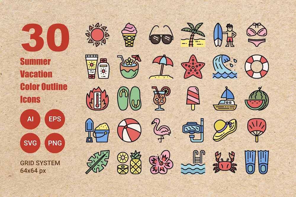 A summer vacation color outline icons pack