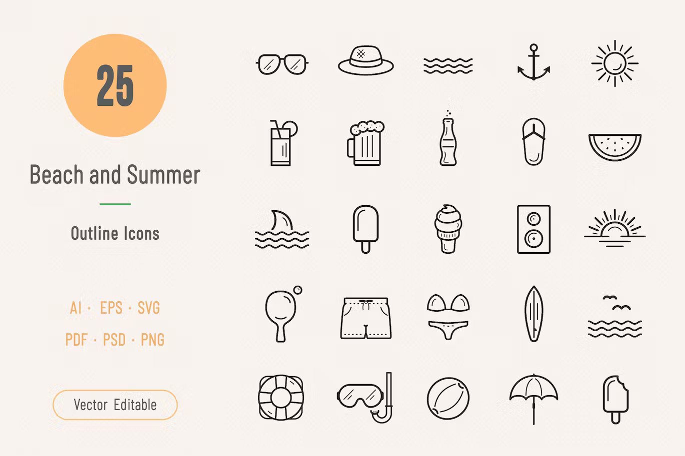 A beach and summer outline icon set