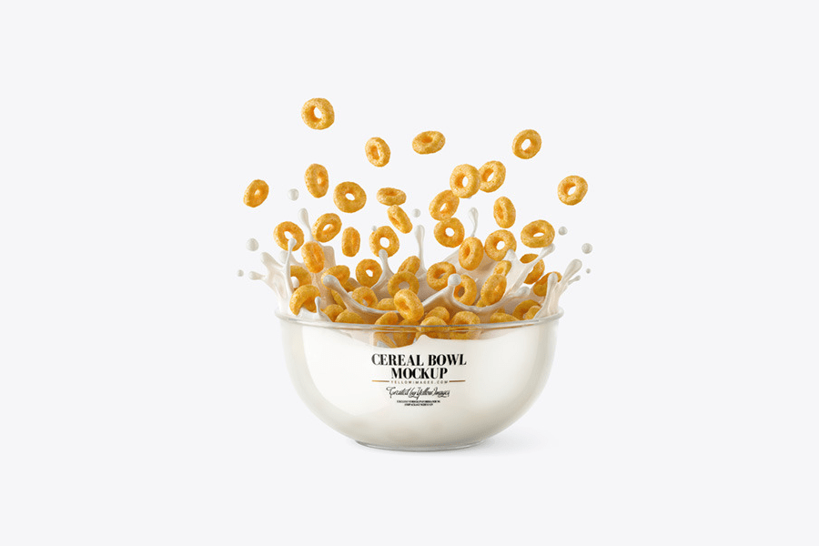 A cereal rings bowl with milk splash mockup